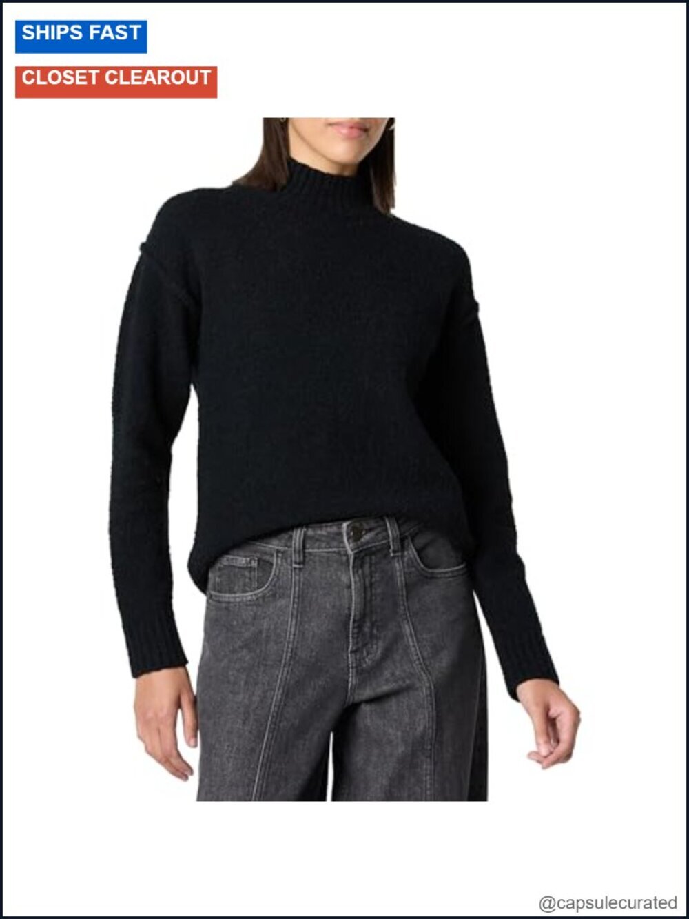 Mock Neck Pullover Sweater - Dropped Shoulder, Exposed Seams, Loose Fit